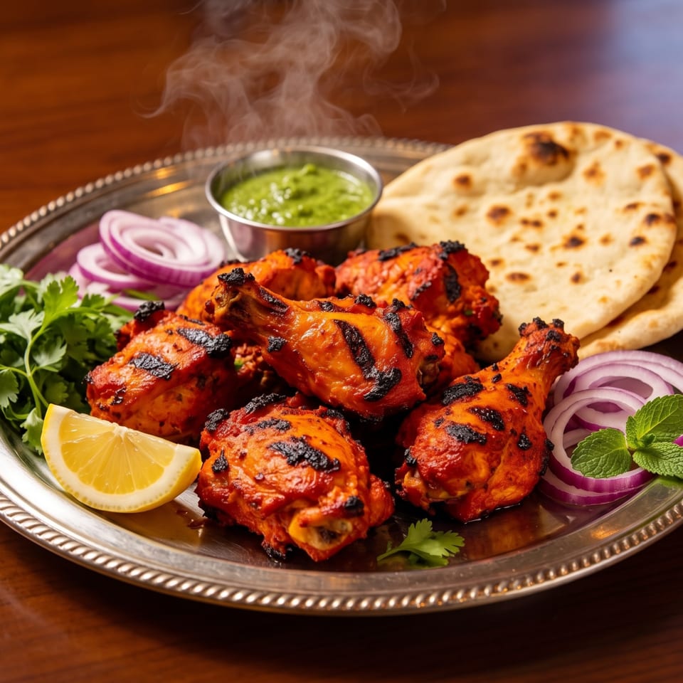 Indian tandoori chicken platter with charred pieces, naan, green chutney, onions, cilantro, mint, and lemon on a metal tray.
