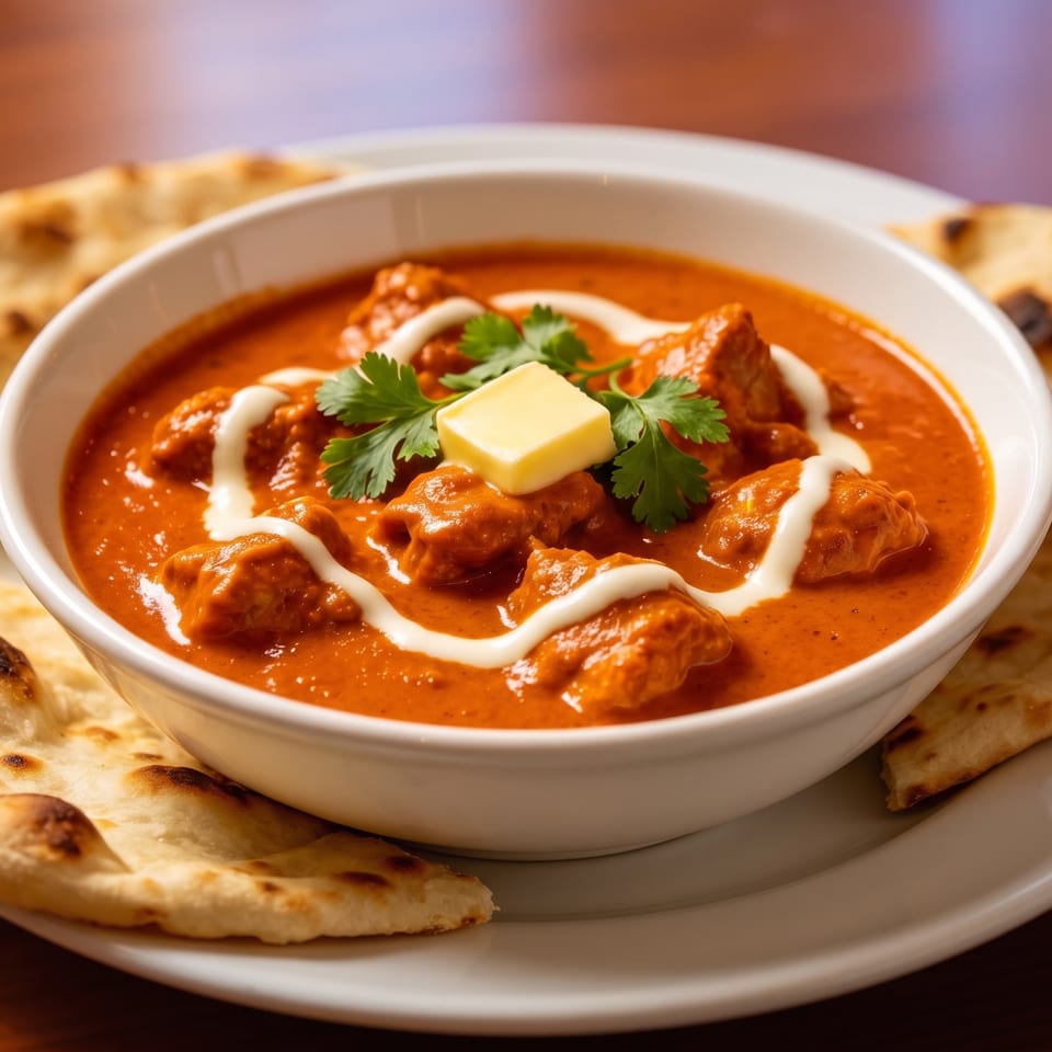 Bowl of creamy orange curry topped with butter, cilantro, and cream, served with two pieces of naan bread.