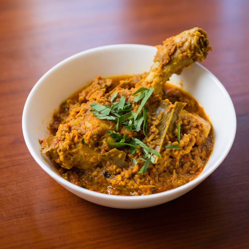 Bowl of crispy fried chicken pieces in rich orange curry sauce, garnished with fresh herbs on a wooden table.