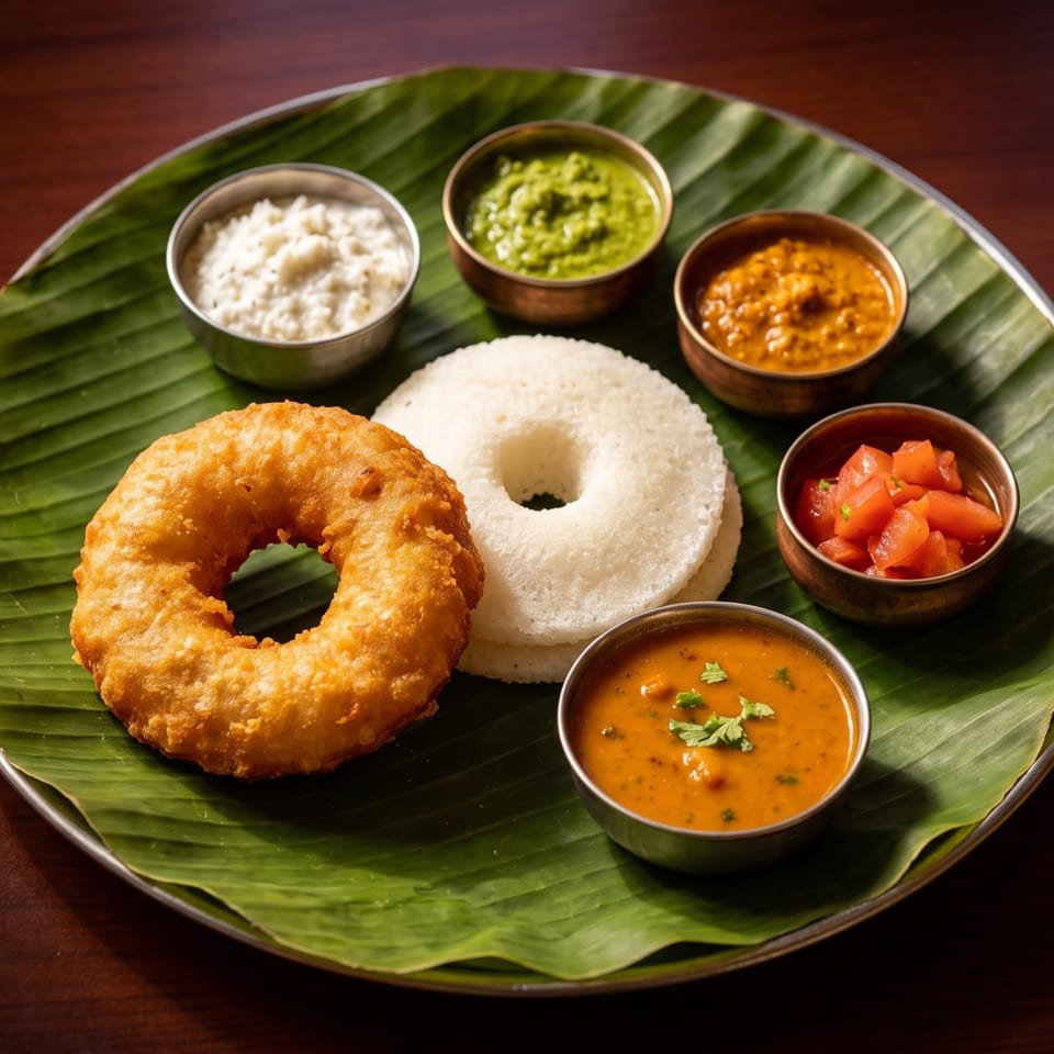 South Indian breakfast platter on a banana leaf with vada, idli, chutneys, sambar, coconut, and tomato sides.