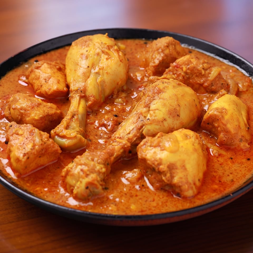 Black bowl of chicken pieces and potatoes in a rich orange curry sauce on a wooden table.