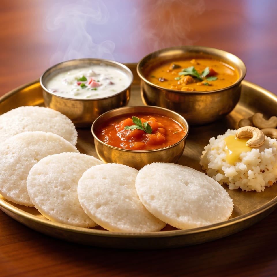 South Indian thali featuring steamed idlis, colorful curries, creamy raita, chutney, sweet rice, cashews, and cilantro.