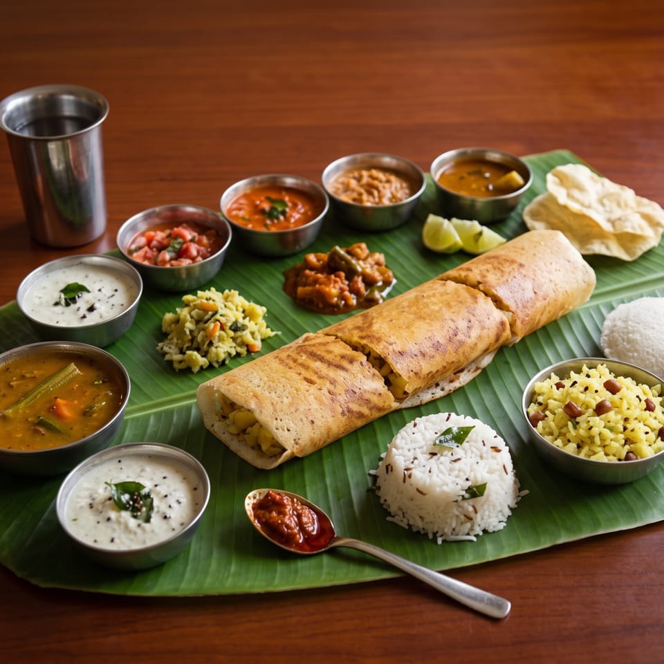 South Indian meal served on a banana leaf with dosas, rice, curries, chutneys, vada, idli, papad, and metal tumblers.