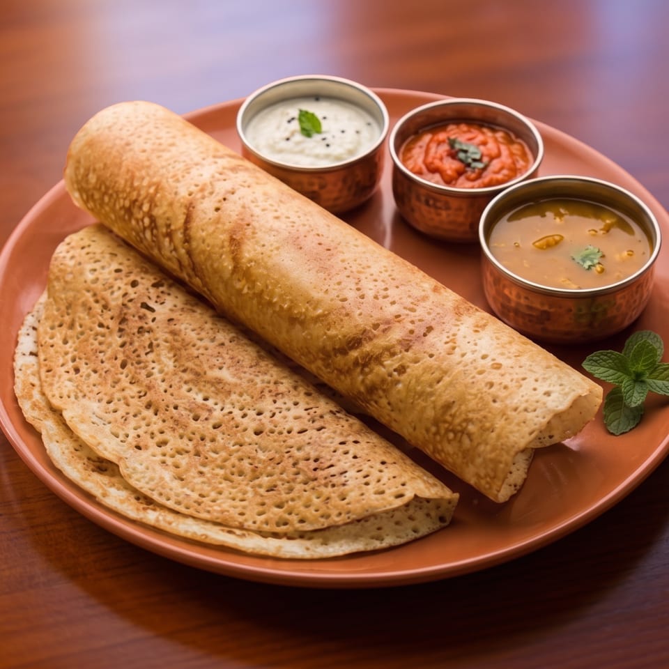 Crispy rolled and folded dosas served on a terracotta plate with three chutneys and mint garnish.