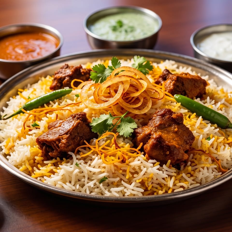 Indian biryani platter topped with spiced meat, fried onions, cilantro, and chilies, accompanied by sauces, raita, and pickled onions.